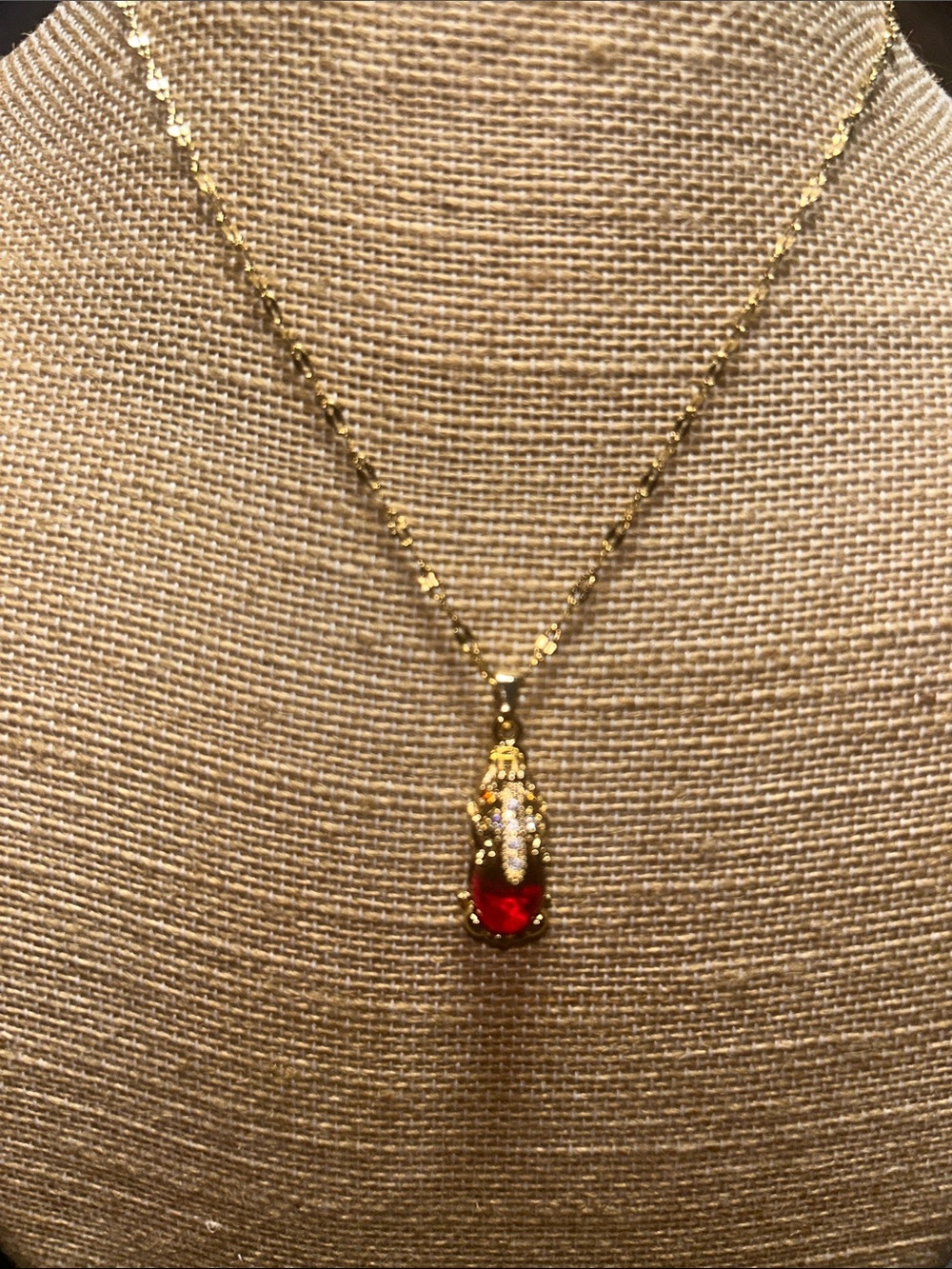 Gold Necklace with Red Crystal Pendant - Women Jewelry - Picture 3 of 3